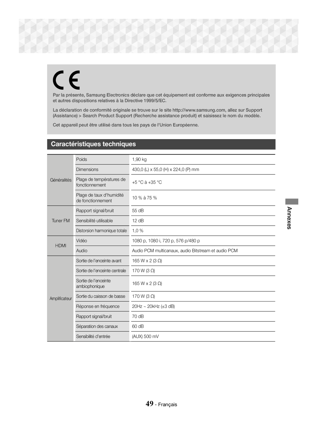 Samsung HT-J5500/XE, HT-J5500/EN, HT-J5550W/EN, HT-J5550W/ZF, HT-J5500/ZF, HT-J5550W/XE manual Caractéristiques techniques 