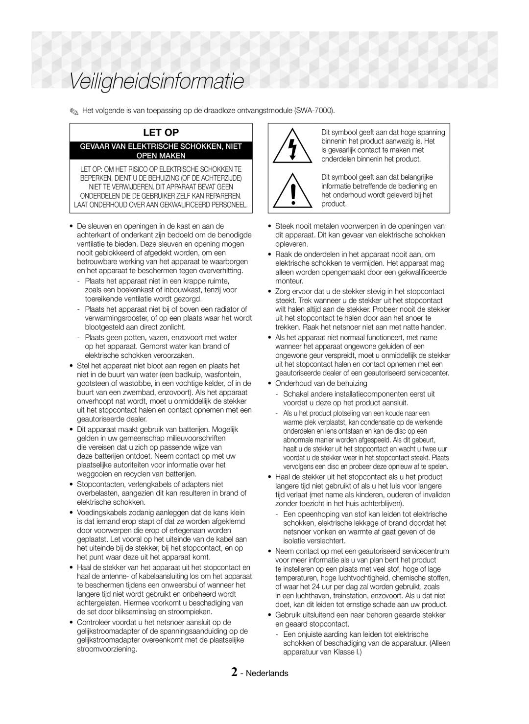 Samsung HT-J5550W/XE, HT-J5500/EN, HT-J5550W/EN, HT-J5550W/ZF, HT-J5500/ZF, HT-J5500/XE manual Veiligheidsinformatie, Nederlands 