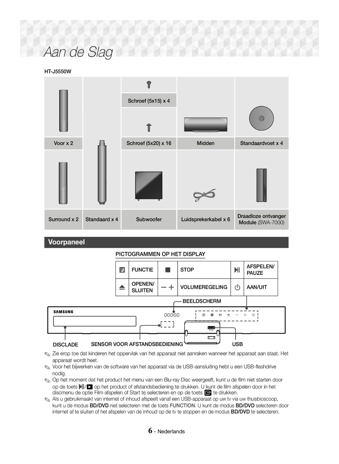 Samsung HT-J5550W/ZF, HT-J5500/EN Surround x Standaard x, Functie Stop Afspelen Pauze Openen, Aan/Uit, Sluiten Beeldscherm 