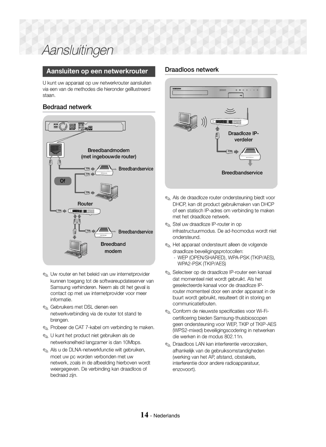 Samsung HT-J5550W/XE, HT-J5500/EN, HT-J5550W/EN manual Aansluiten op een netwerkrouter Draadloos netwerk, Bedraad netwerk 