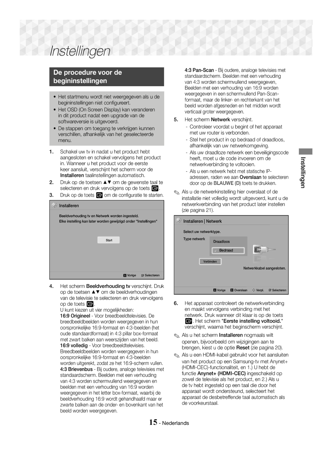 Samsung HT-J5500/XE, HT-J5500/EN De procedure voor de Begininstellingen, Instellingen, Kunt kiezen uit vier mogelijkheden 