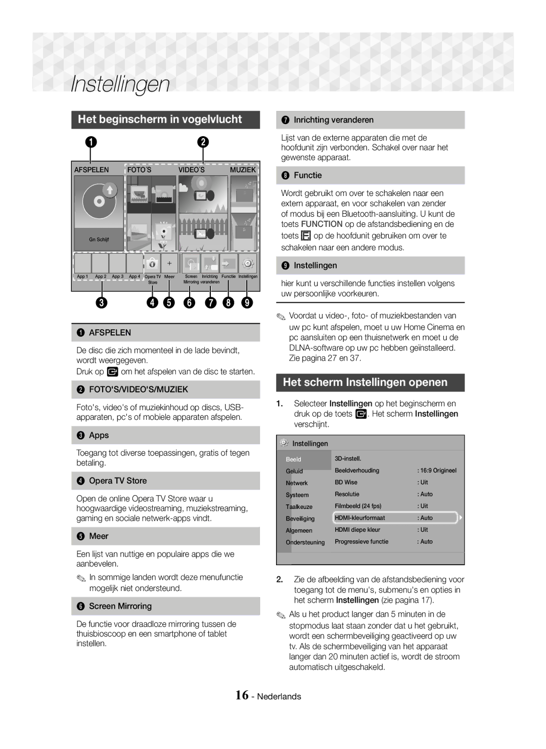 Samsung HT-J5500/EN, HT-J5550W/EN Het beginscherm in vogelvlucht, Het scherm Instellingen openen, Fotos/Videos/Muziek 