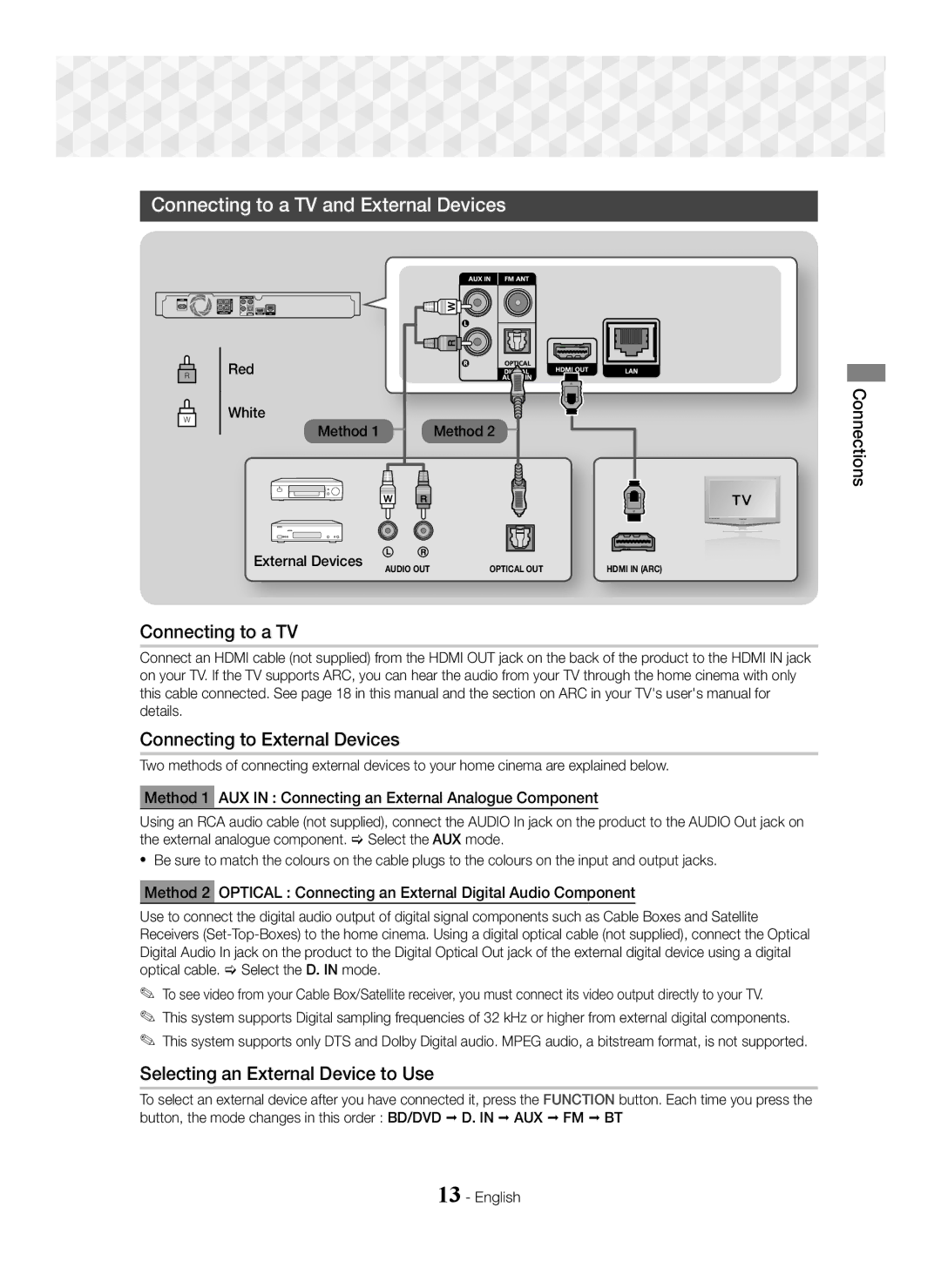 Samsung HT-J5550W/EN, HT-J5500/EN, HT-J5550W/ZF Connecting to a TV and External Devices, Connecting to External Devices 