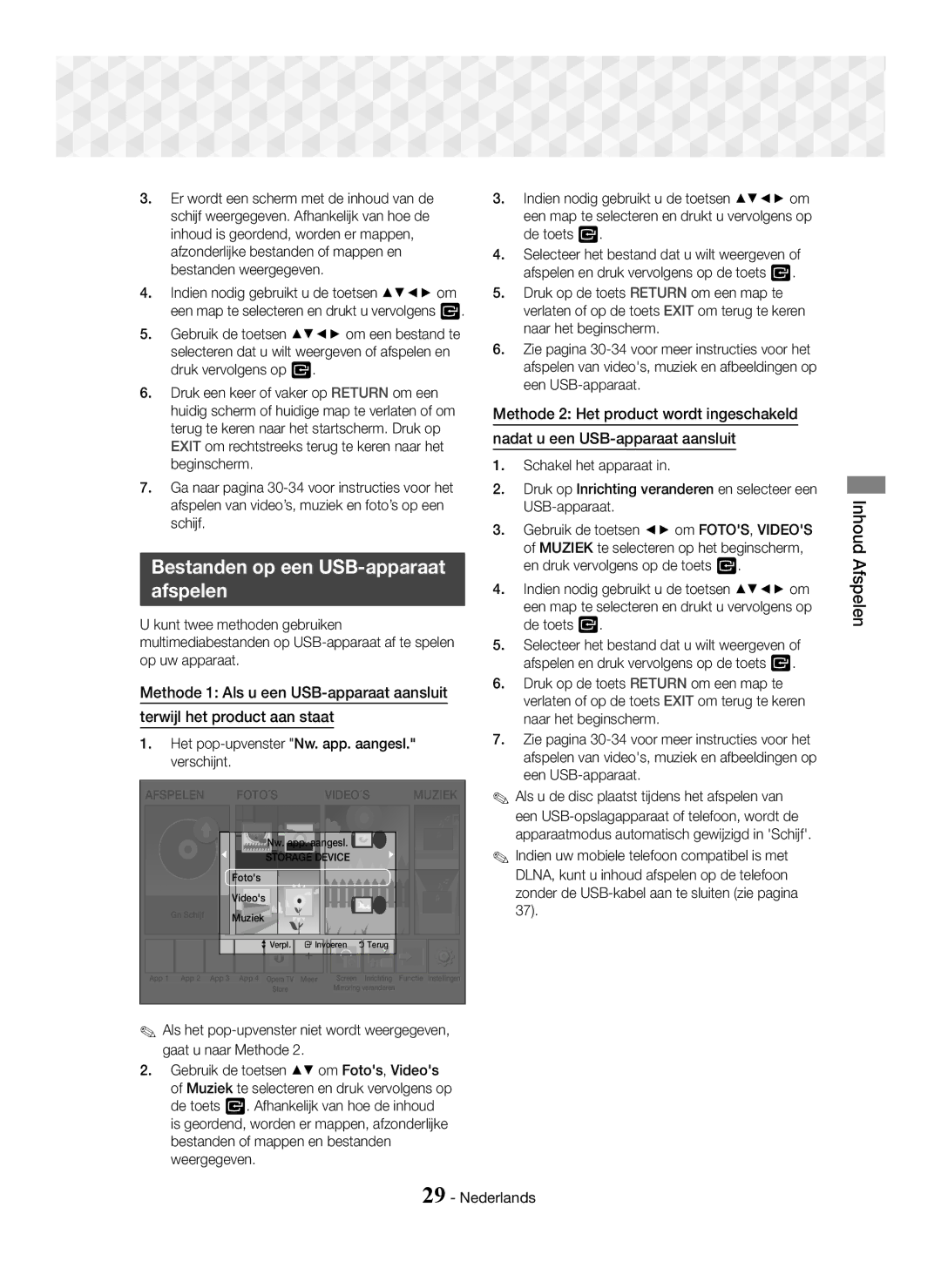 Samsung HT-J5550W/EN, HT-J5500/EN, HT-J5550W/ZF, HT-J5500/ZF manual Bestanden op een USB-apparaat Afspelen, Inhoud Afspelen 