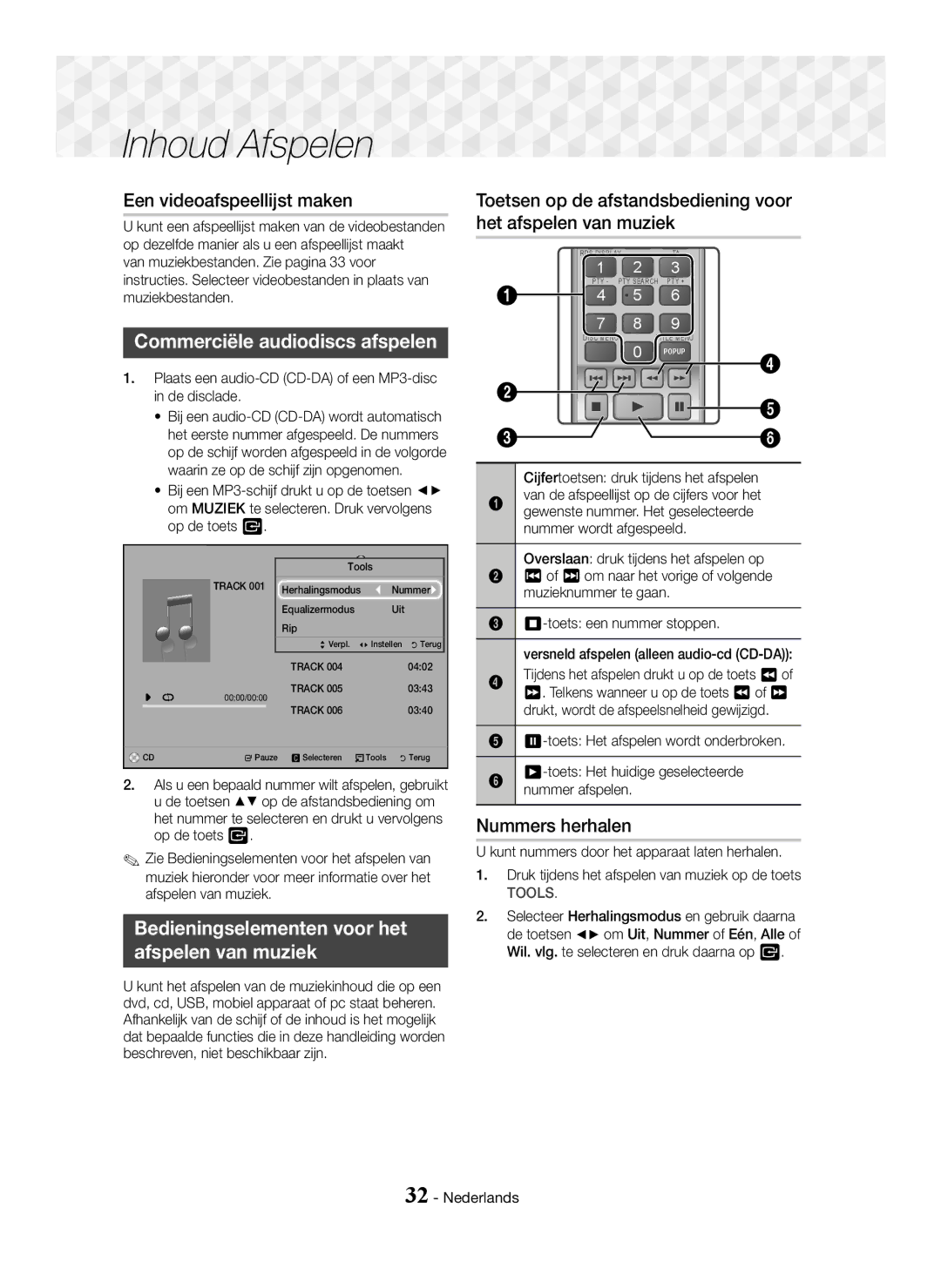 Samsung HT-J5550W/XE, HT-J5500/EN manual Een videoafspeellijst maken, Commerciële audiodiscs afspelen, Nummers herhalen 