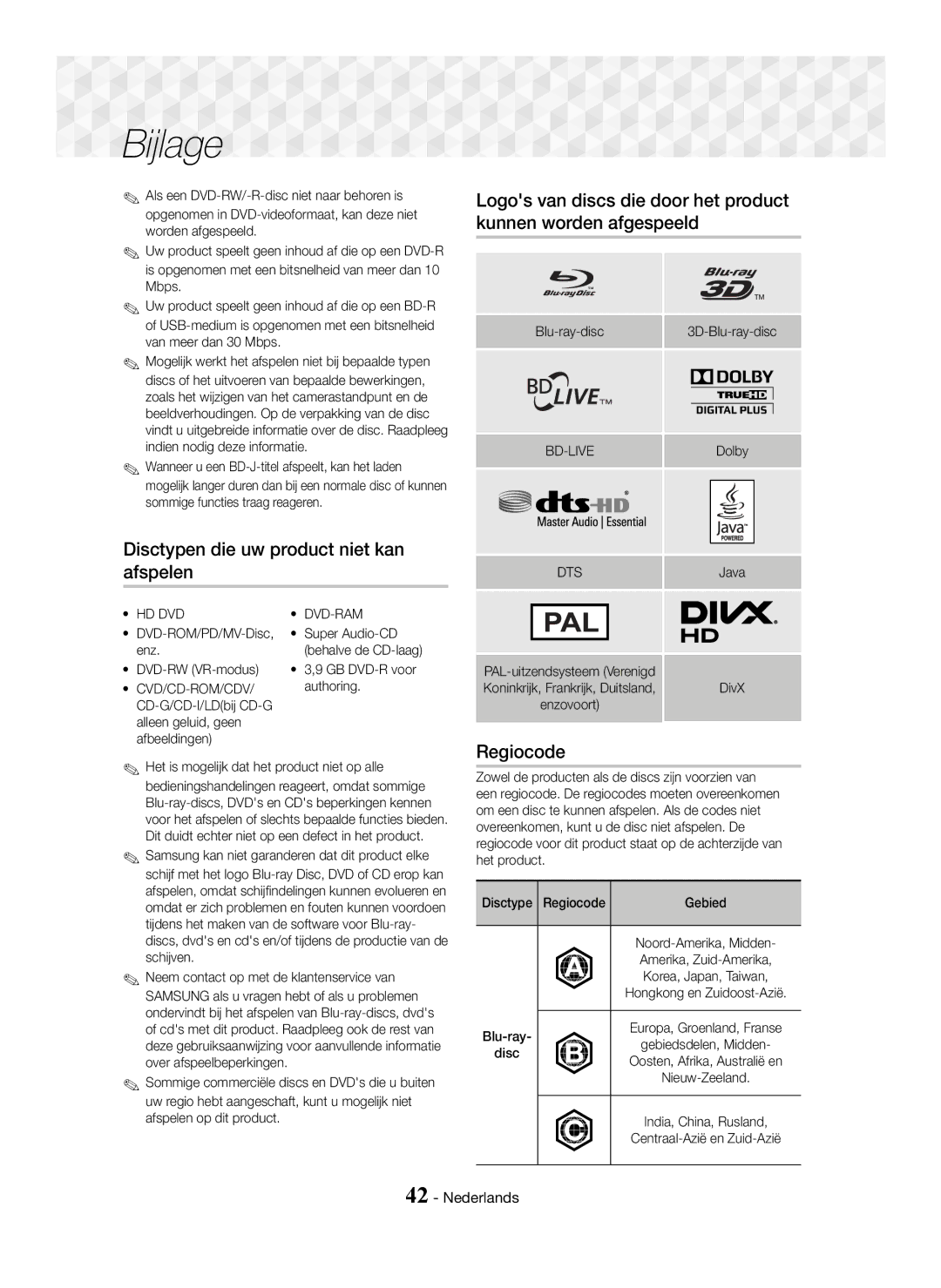 Samsung HT-J5550W/ZF, HT-J5500/EN, HT-J5550W/EN manual Disctypen die uw product niet kan afspelen, Regiocode, Cvd/Cd-Rom/Cdv 