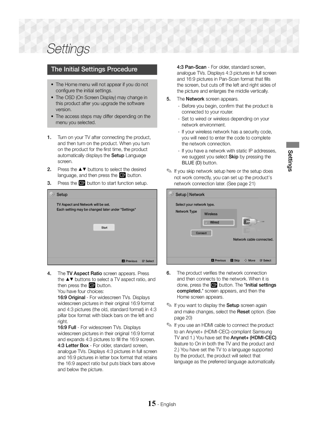 Samsung HT-J5500/ZF, HT-J5500/EN, HT-J5550W/EN Initial Settings Procedure, Press the E button to start function setup 