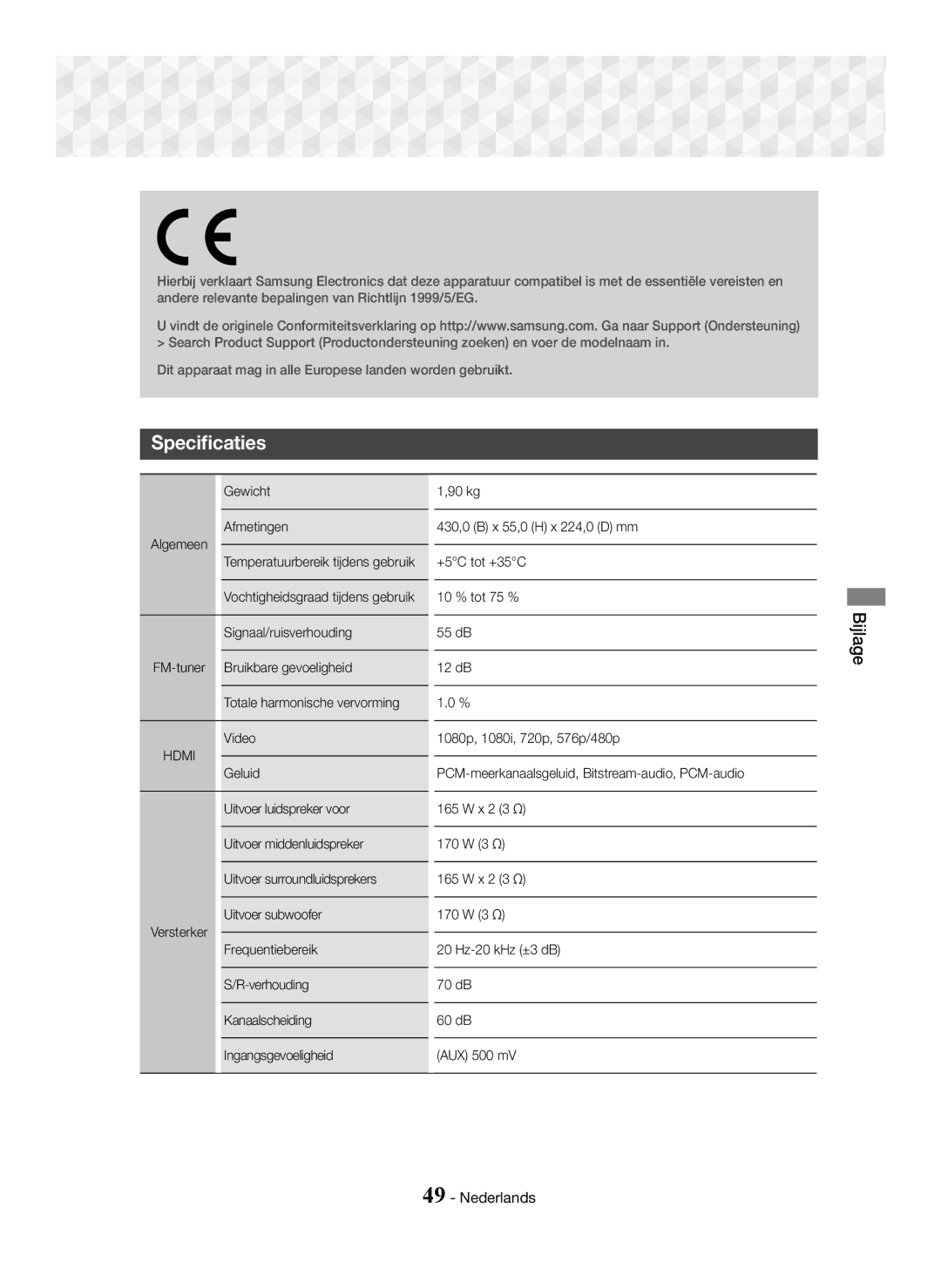 Samsung HT-J5500/ZF, HT-J5500/EN, HT-J5550W/EN, HT-J5550W/ZF, HT-J5550W/XE, HT-J5500/XE manual Specificaties, Hdmi 