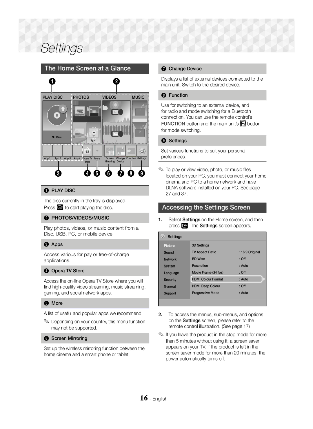 Samsung HT-J5550W/XE, HT-J5500/EN Home Screen at a Glance, Accessing the Settings Screen, Play Disc, Photos/Videos/Music 