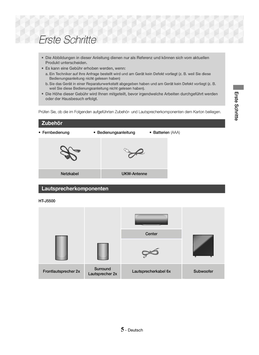 Samsung HT-J5500/XE, HT-J5500/EN, HT-J5550W/EN, HT-J5550W/ZF, HT-J5500/ZF Erste Schritte, Zubehör, Lautsprecherkomponenten 