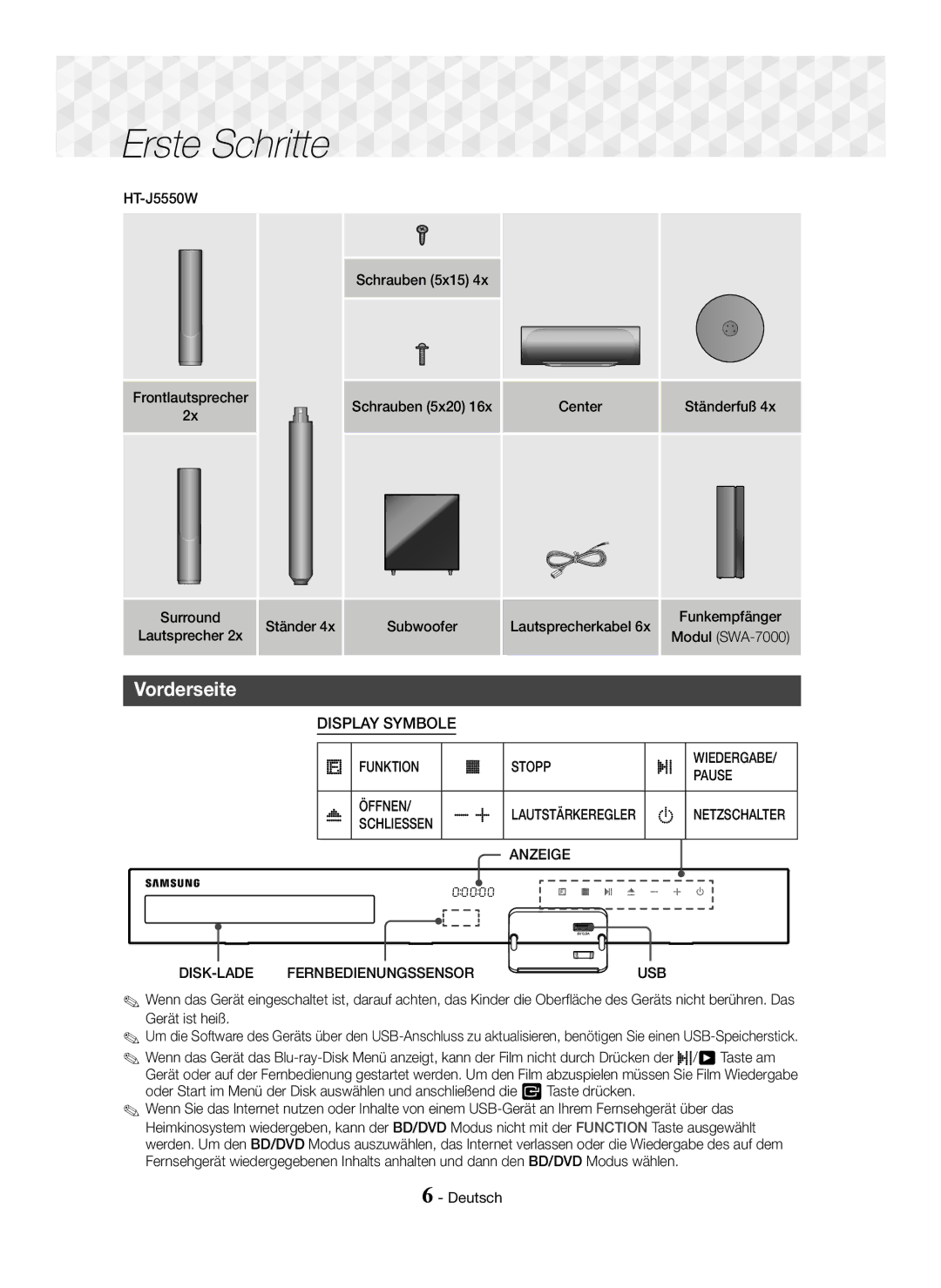 Samsung HT-J5500/EN, HT-J5550W/EN, HT-J5500/ZF Vorderseite, Funktion Stopp, Öffnen, Anzeige, DISK-LADE Fernbedienungssensor 