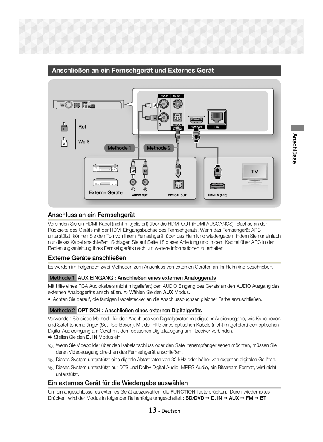 Samsung HT-J5550W/EN, HT-J5500/EN manual Anschließen an ein Fernsehgerät und Externes Gerät, Anschluss an ein Fernsehgerät 