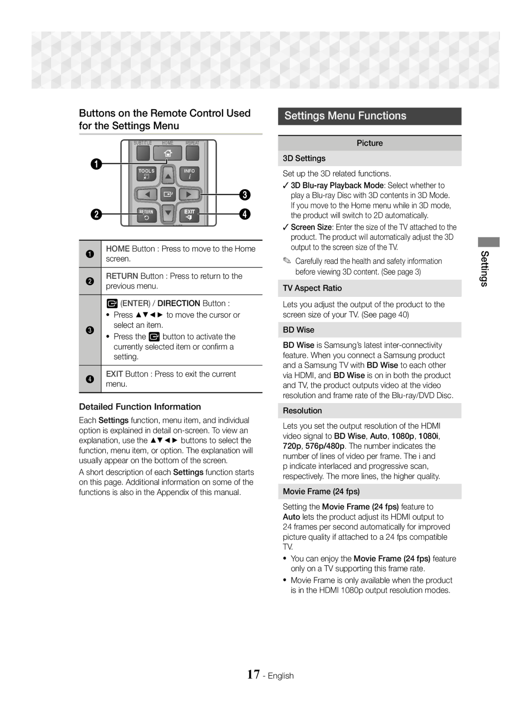 Samsung HT-J5500/XE, HT-J5500/EN manual Buttons on the Remote Control Used for the Settings Menu, Settings Menu Functions 