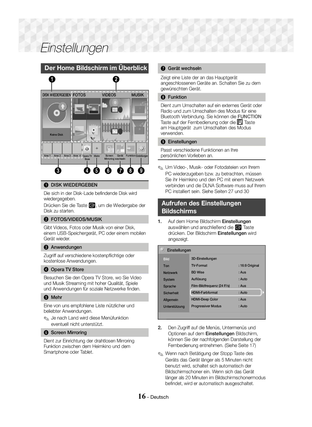 Samsung HT-J5550W/XE manual Der Home Bildschirm im Überblick, Aufrufen des Einstellungen Bildschirms, Disk Wiedergeben 