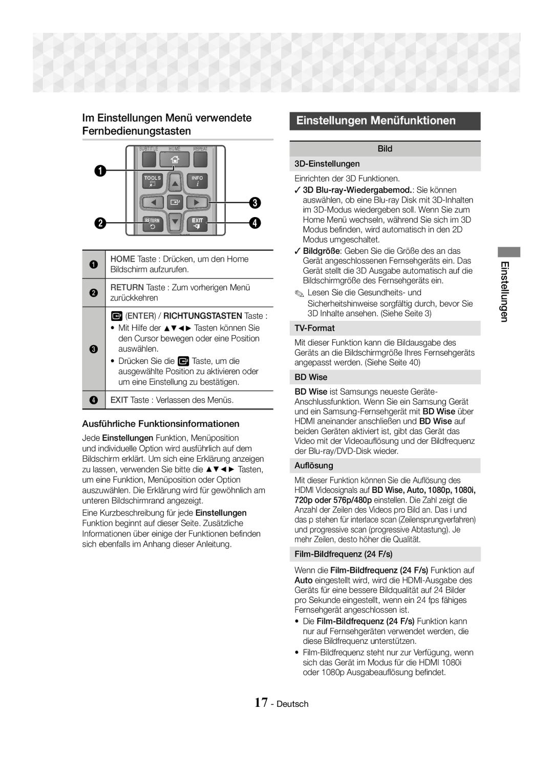 Samsung HT-J5500/XE, HT-J5500/EN manual Im Einstellungen Menü verwendete Fernbedienungstasten, Einstellungen Menüfunktionen 