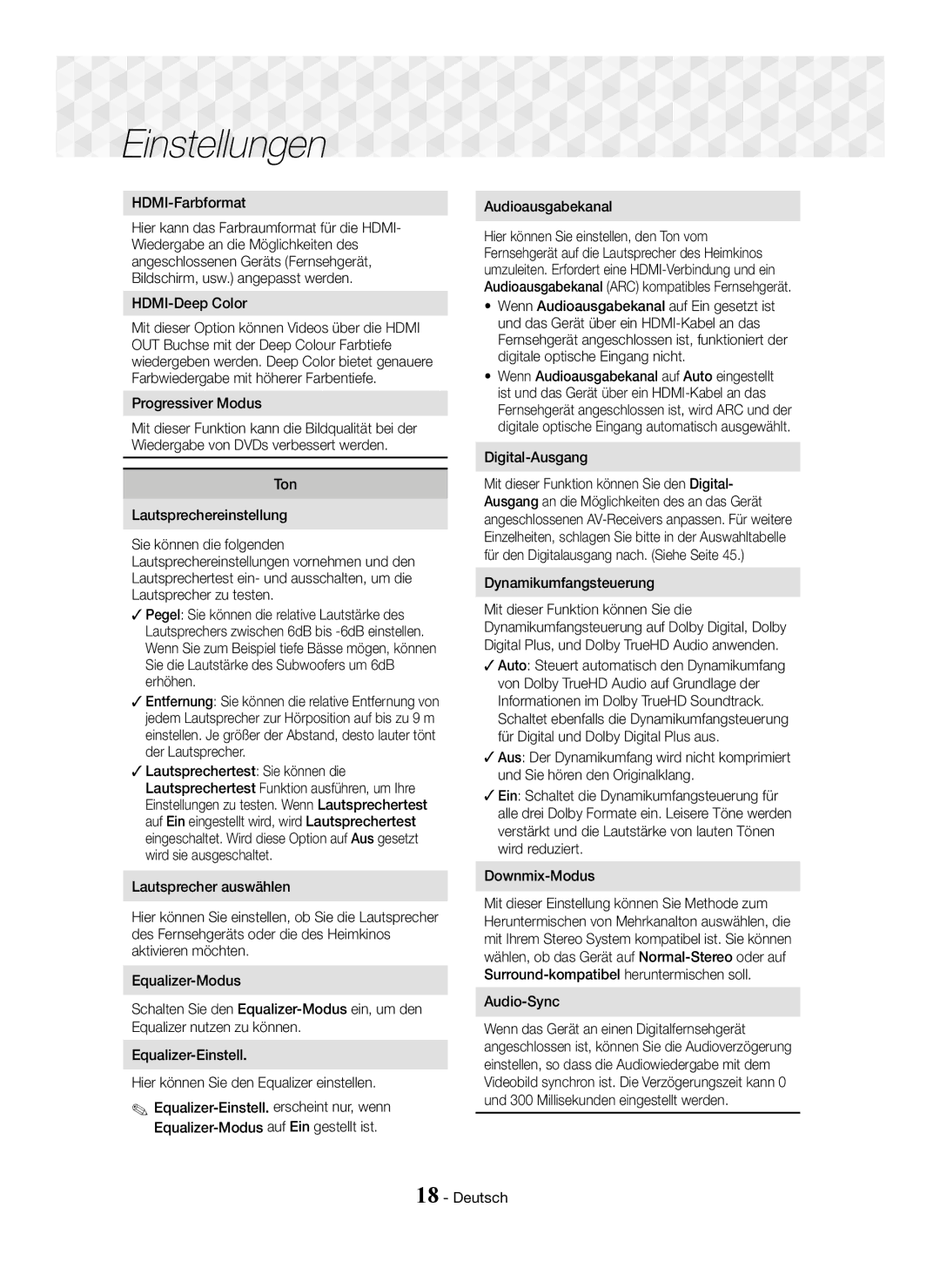 Samsung HT-J5500/EN HDMI-Farbformat, HDMI-Deep Color, Progressiver Modus, Ton Lautsprechereinstellung, Audioausgabekanal 