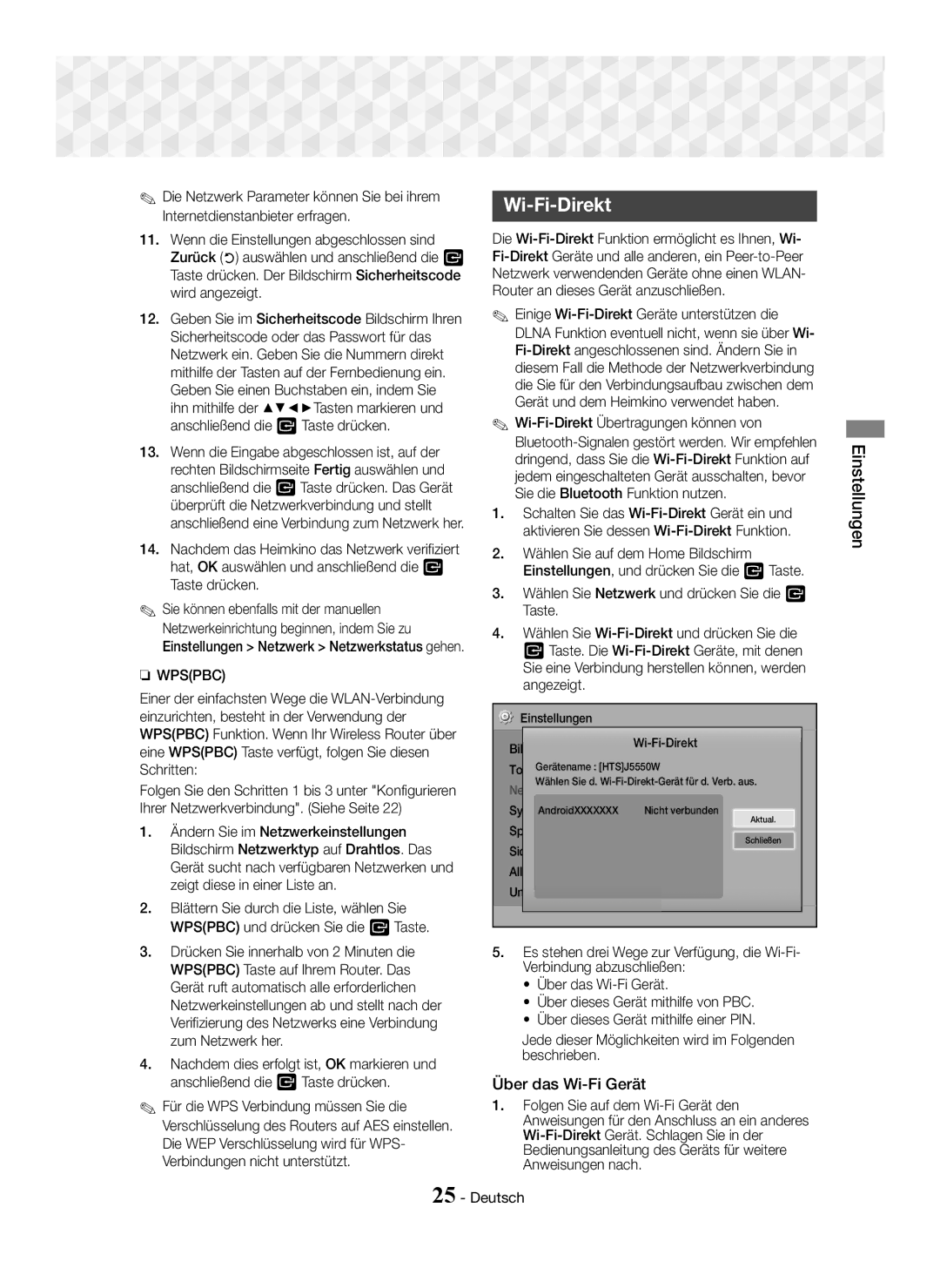 Samsung HT-J5550W/EN, HT-J5500/EN, HT-J5550W/ZF, HT-J5500/ZF manual Über das Wi-Fi Gerät, Einstellungen Wi-Fi-Direkt 