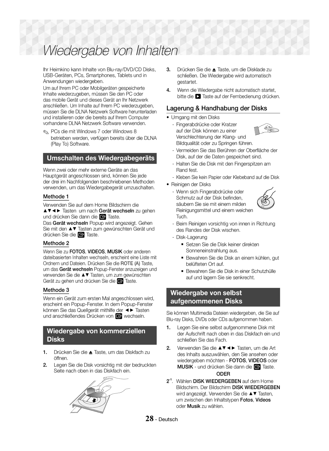 Samsung HT-J5550W/XE, HT-J5500/EN, HT-J5550W/EN, HT-J5550W/ZF, HT-J5500/ZF, HT-J5500/XE manual Wiedergabe von Inhalten 