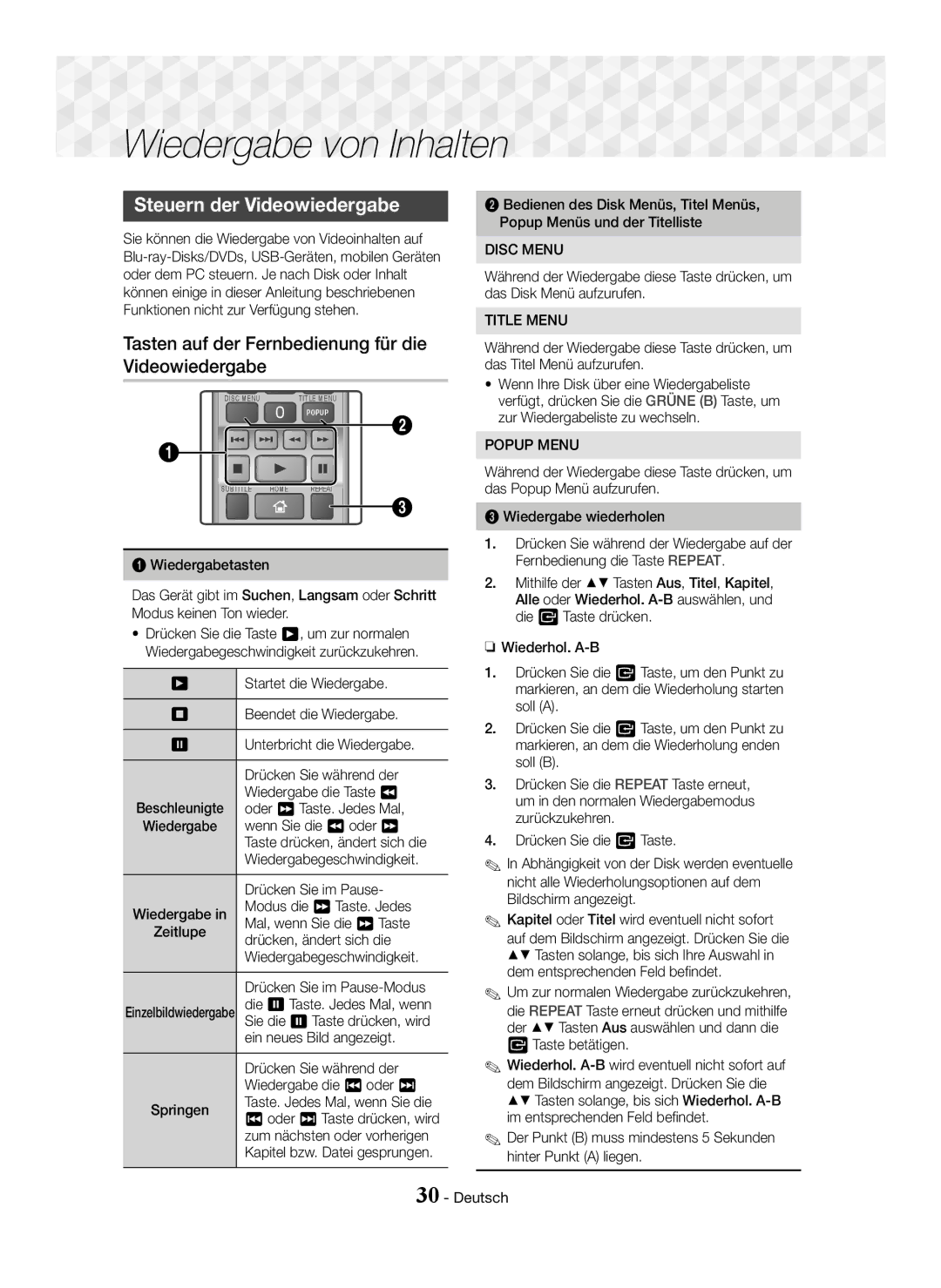 Samsung HT-J5500/EN manual Wiedergabe von Inhalten, Steuern der Videowiedergabe, Tasten auf der Fernbedienung für die 