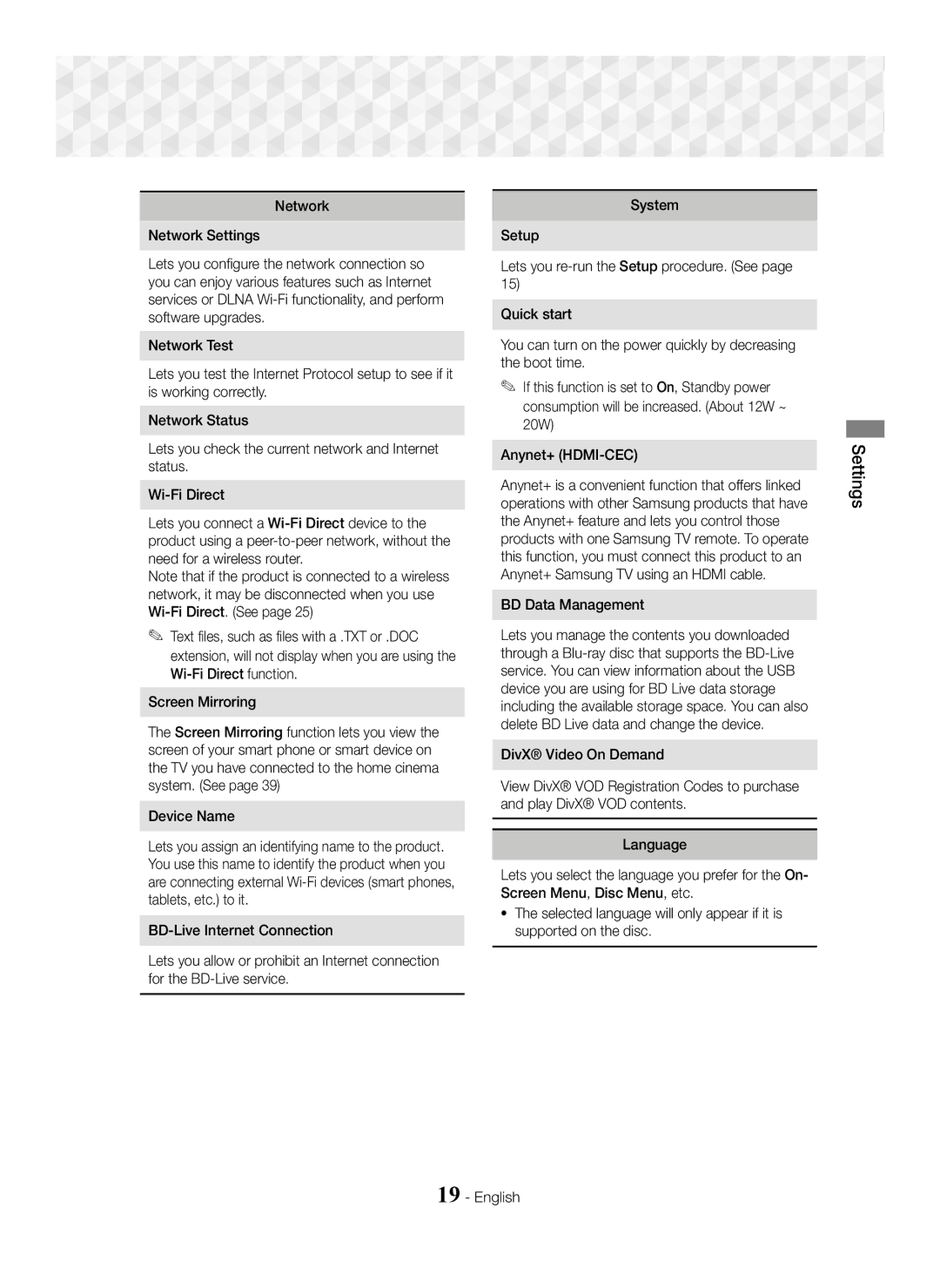 Samsung HT-J5550W/EN, HT-J5500/EN, HT-J5550W/ZF, HT-J5500/ZF manual Network Network Settings, Device Name, BD Data Management 