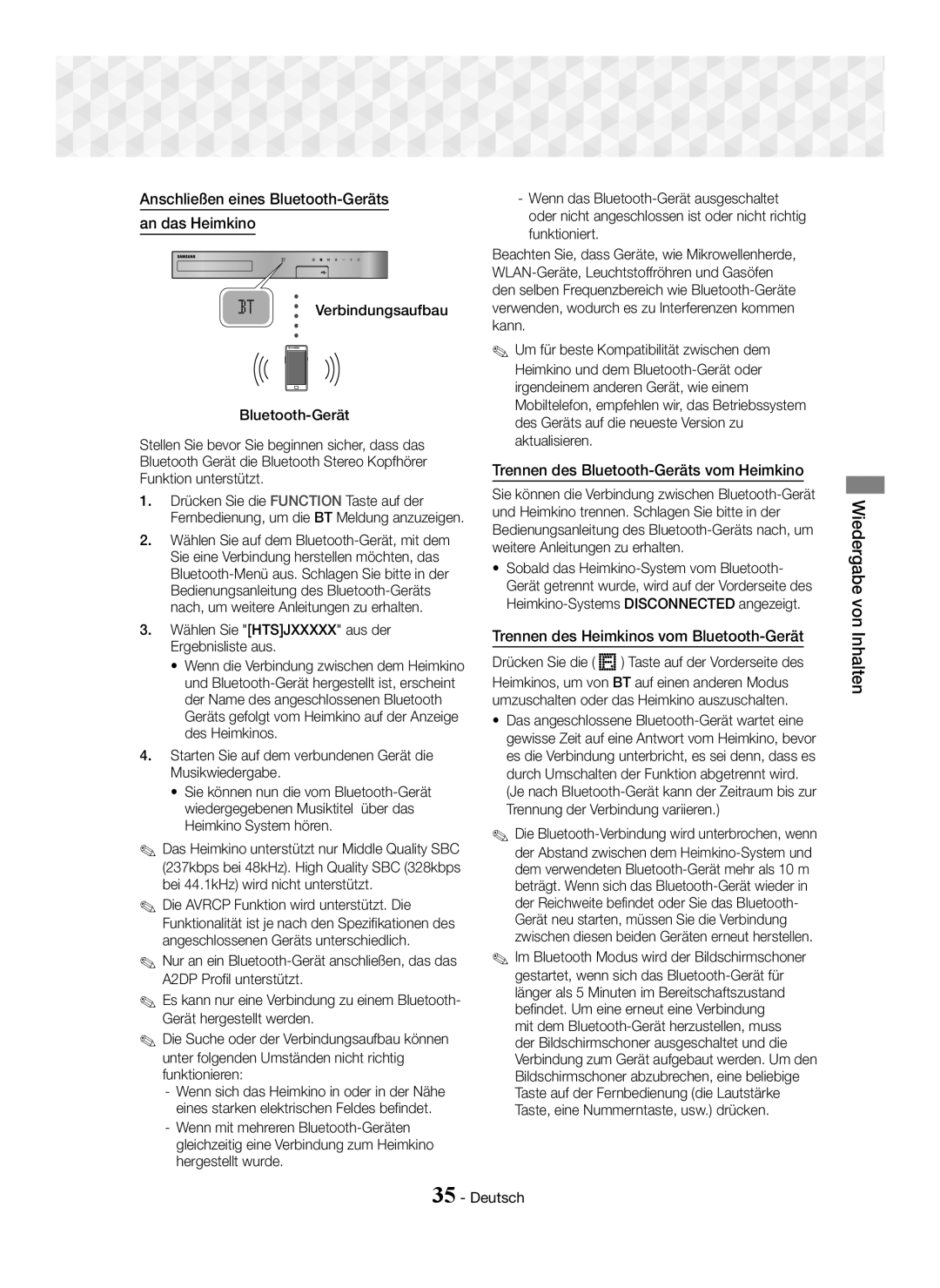 Samsung HT-J5500/XE manual Anschließen eines Bluetooth-Geräts An das Heimkino, Trennen des Bluetooth-Geräts vom Heimkino 