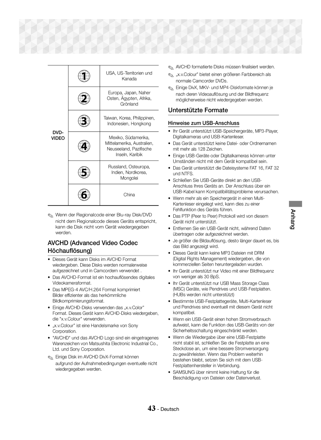 Samsung HT-J5550W/EN manual Avchd Advanced Video Codec Höchauflösung, Unterstützte Formate, Hinweise zum USB-Anschluss 