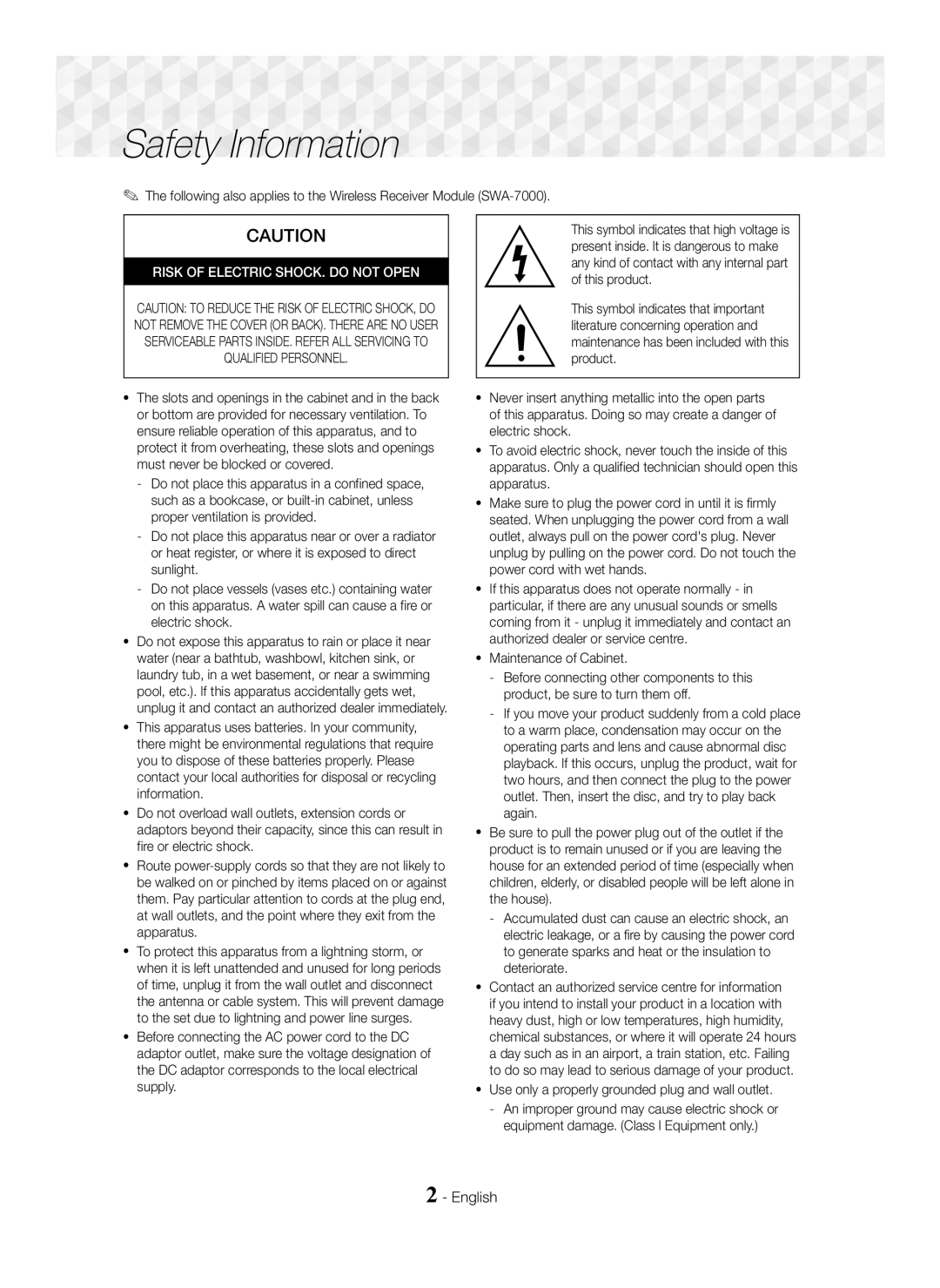 Samsung HT-J5550W/ZF, HT-J5500/EN, HT-J5550W/EN, HT-J5500/ZF, HT-J5550W/XE, HT-J5500/XE manual Safety Information, English 