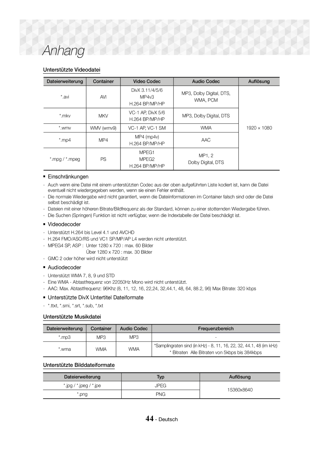 Samsung HT-J5550W/ZF, HT-J5500/EN Unterstützte Videodatei,  Einschränkungen,  Unterstützte DivX Untertitel Dateiformate 