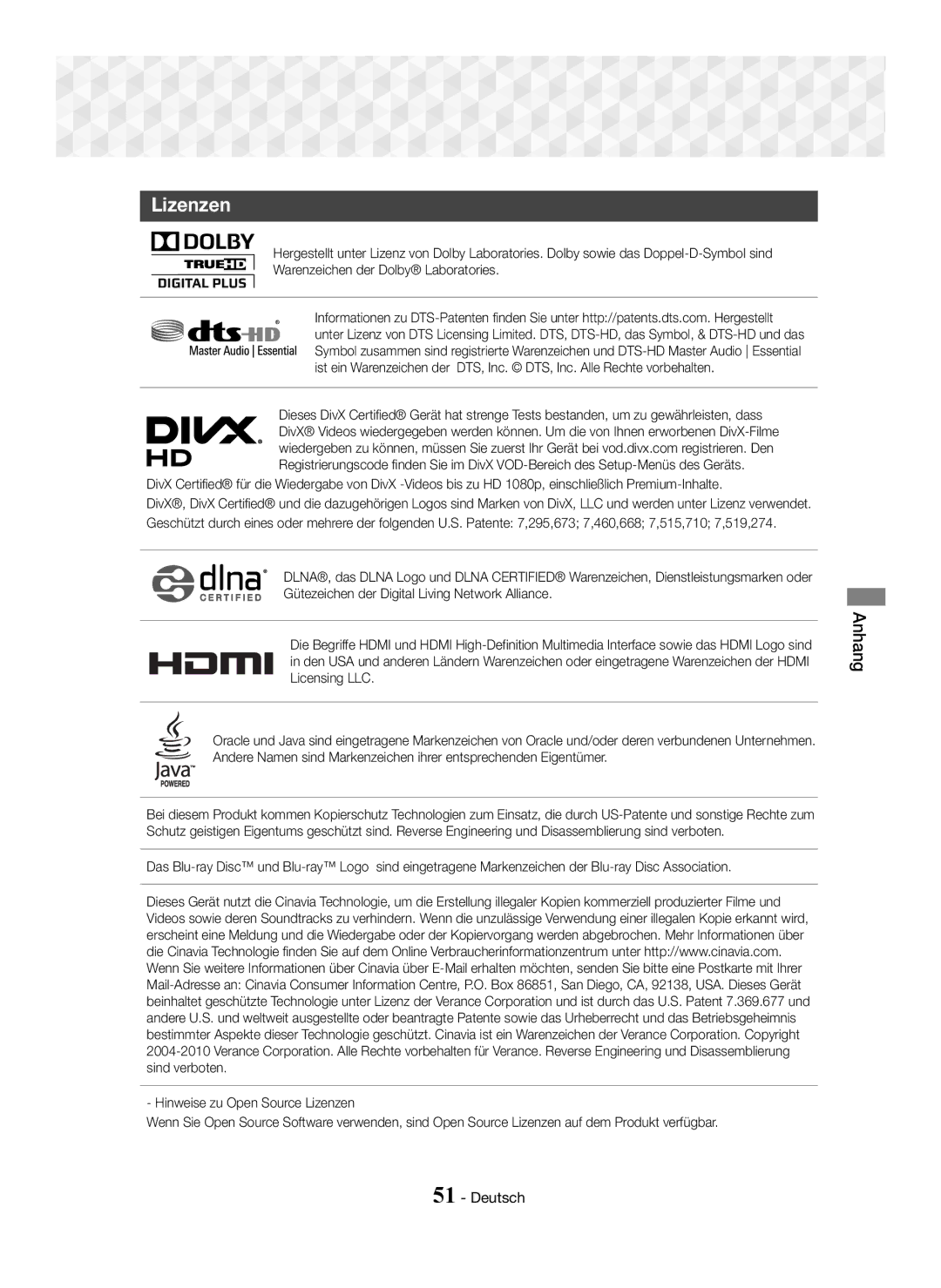 Samsung HT-J5500/ZF, HT-J5500/EN, HT-J5550W/EN, HT-J5550W/ZF, HT-J5550W/XE, HT-J5500/XE manual Lizenzen 