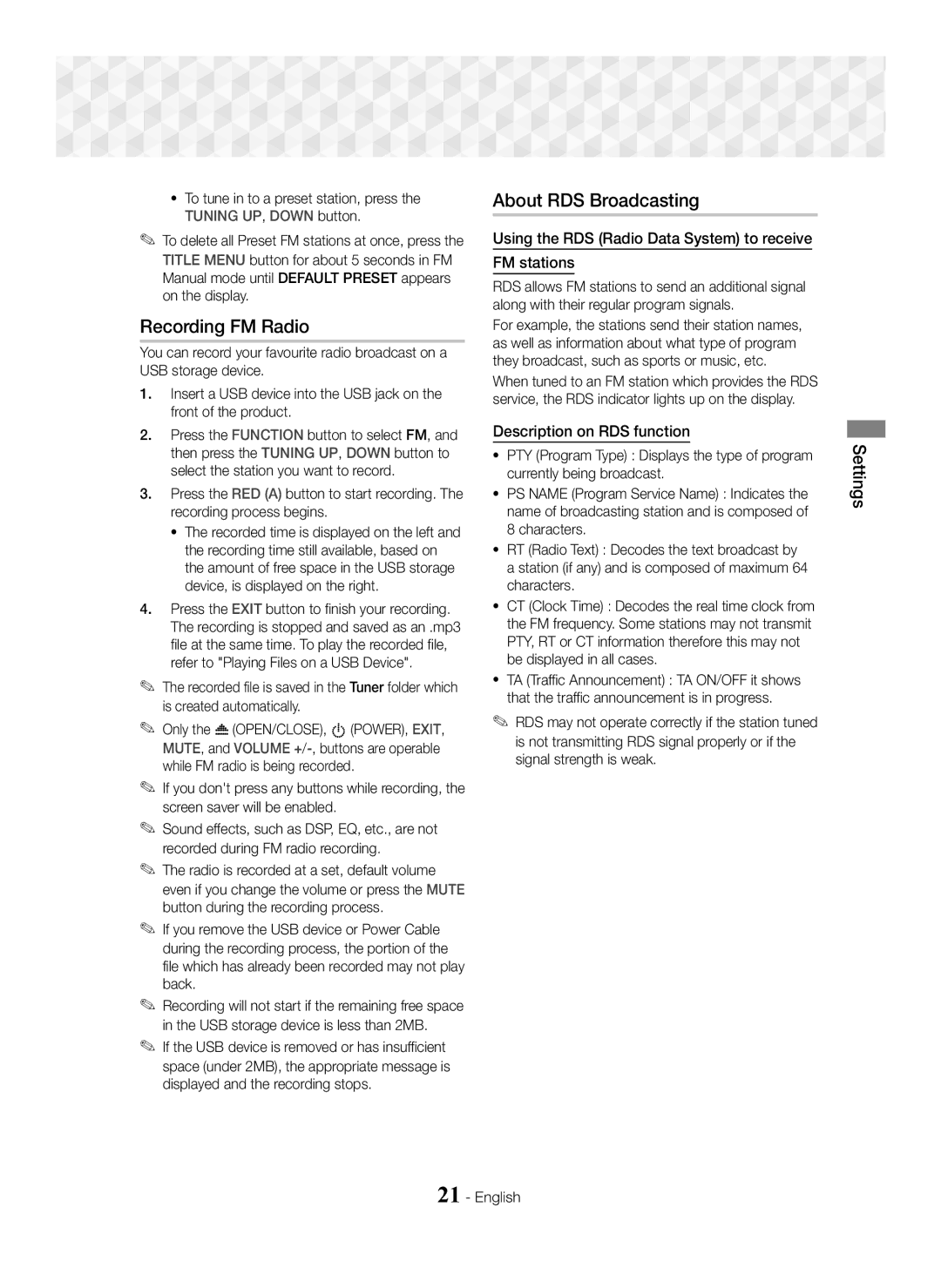 Samsung HT-J5500/ZF Recording FM Radio, About RDS Broadcasting, Using the RDS Radio Data System to receive FM stations 