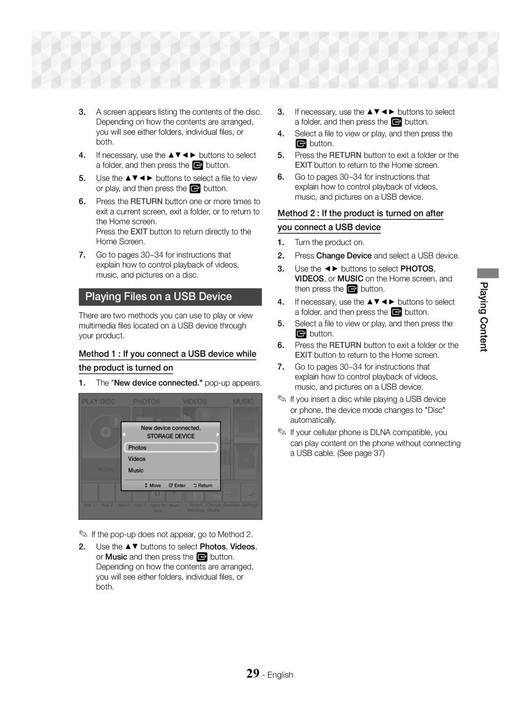 Samsung HT-J5500/XE, HT-J5500/EN manual Playing Files on a USB Device, Playing Content, New device connected. pop-up appears 