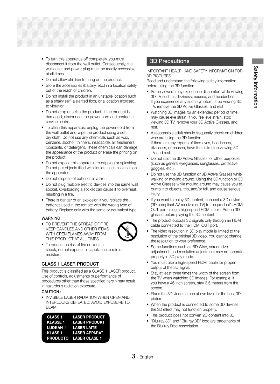 Samsung HT-J5500/ZF, HT-J5500/EN, HT-J5550W/EN 3D Precautions, Important Health and Safety Information for 3D Pictures 