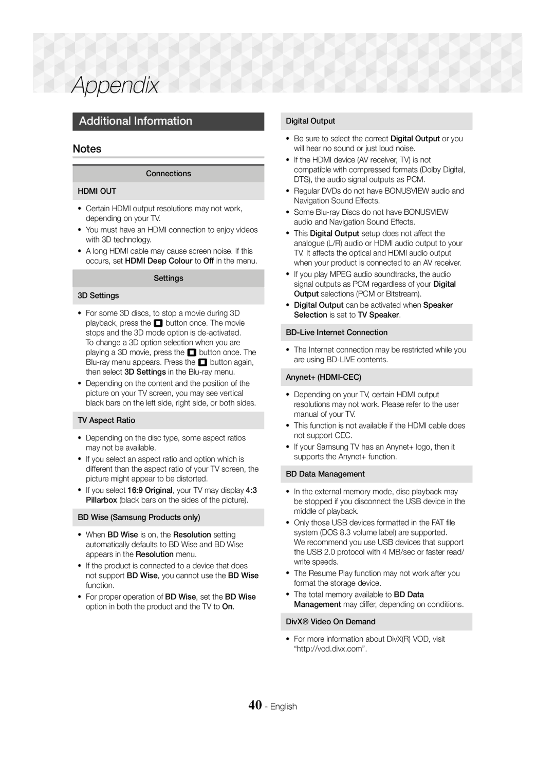 Samsung HT-J5550W/XE, HT-J5500/EN manual Appendix, Additional Information, Connections, Hdmi OUT, Settings 3D Settings 