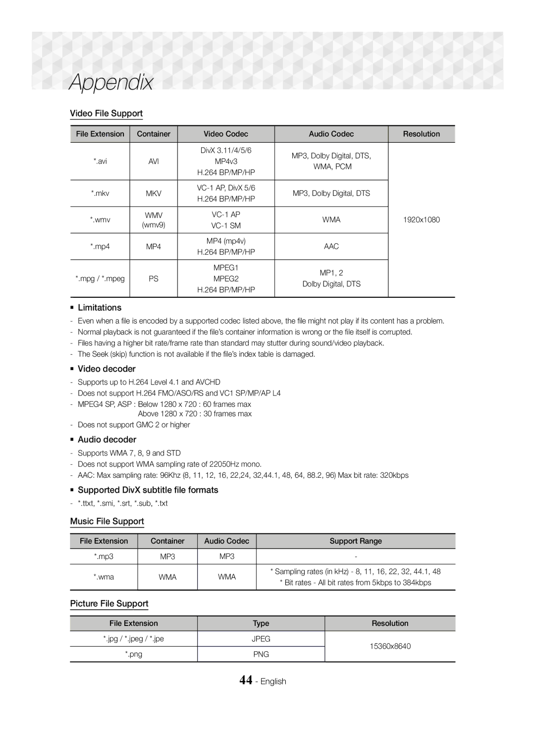 Samsung HT-J5550W/ZF, HT-J5500/EN Video File Support,  Limitations,  Video decoder,  Audio decoder, Music File Support 