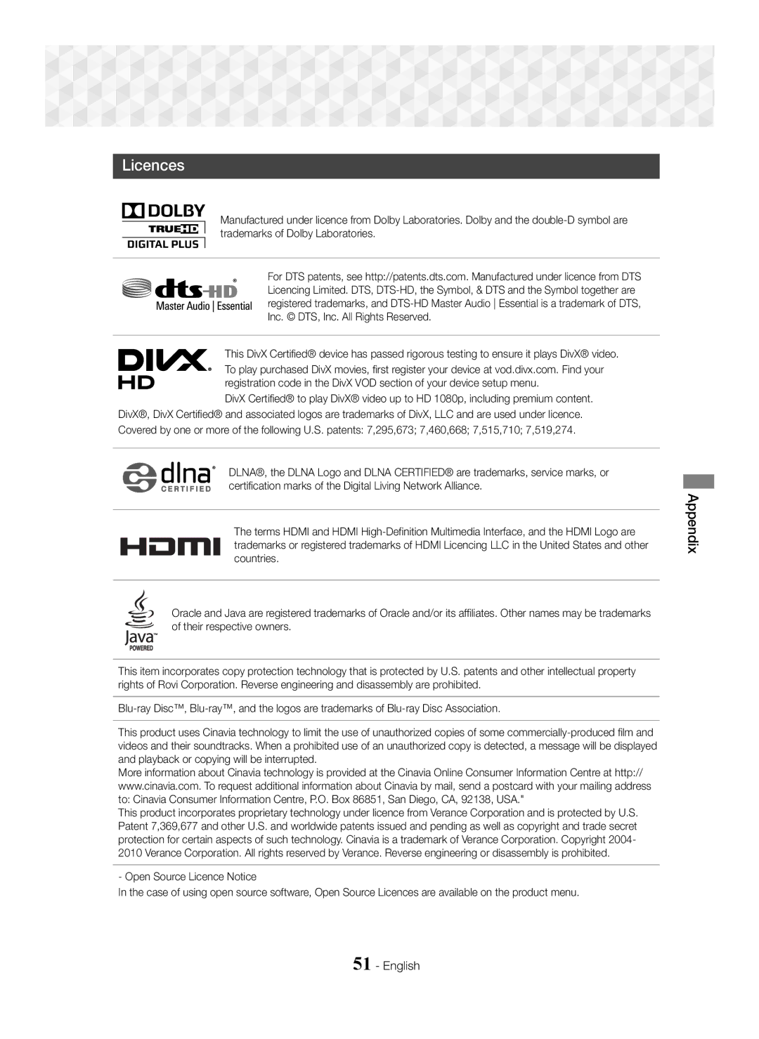 Samsung HT-J5500/ZF, HT-J5500/EN, HT-J5550W/EN, HT-J5550W/ZF, HT-J5550W/XE, HT-J5500/XE manual Licences 