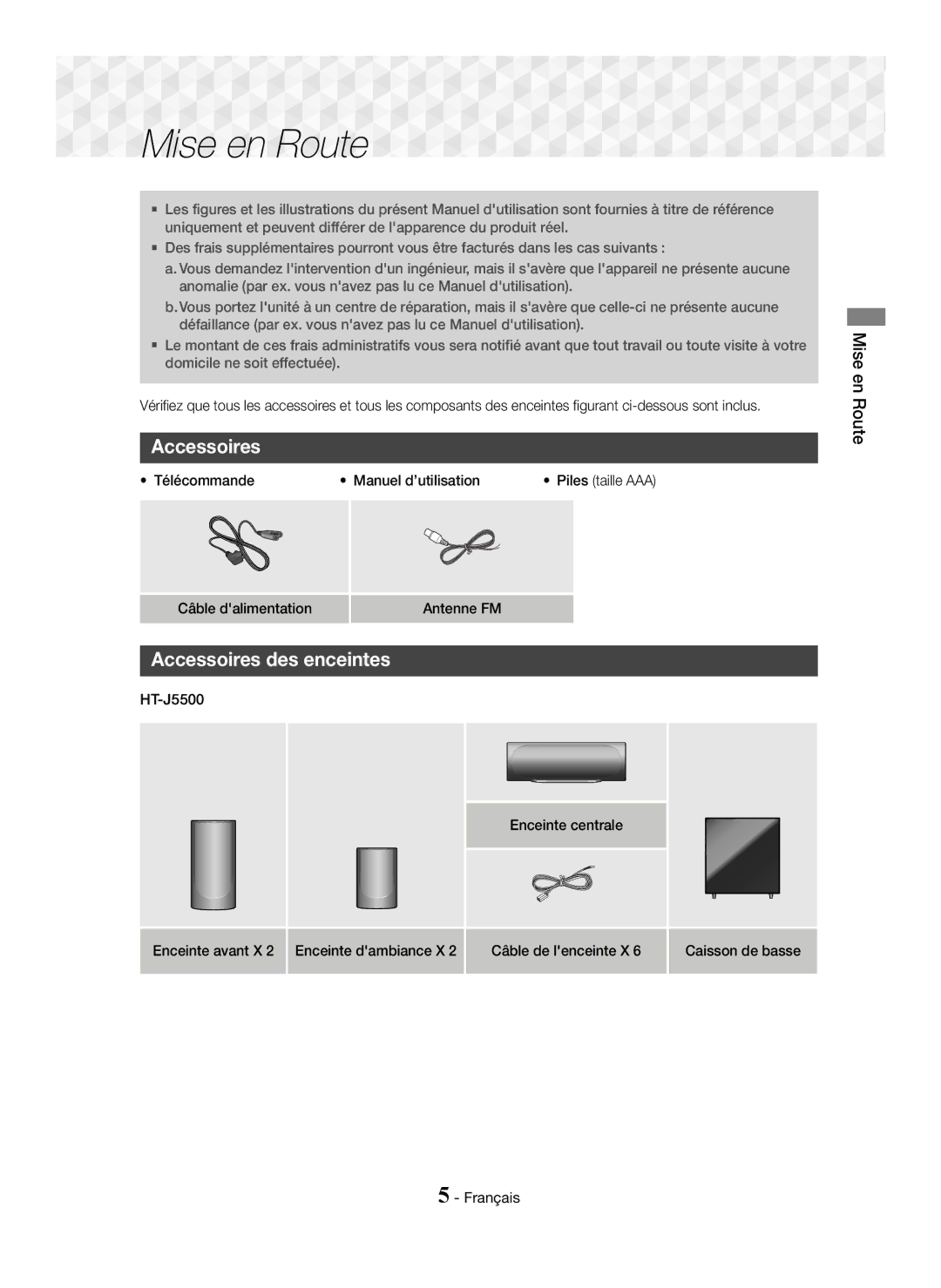 Samsung HT-J5500/ZF, HT-J5500/EN manual Accessoires des enceintes, Mise en Route, Télécommande Manuel d’utilisation 