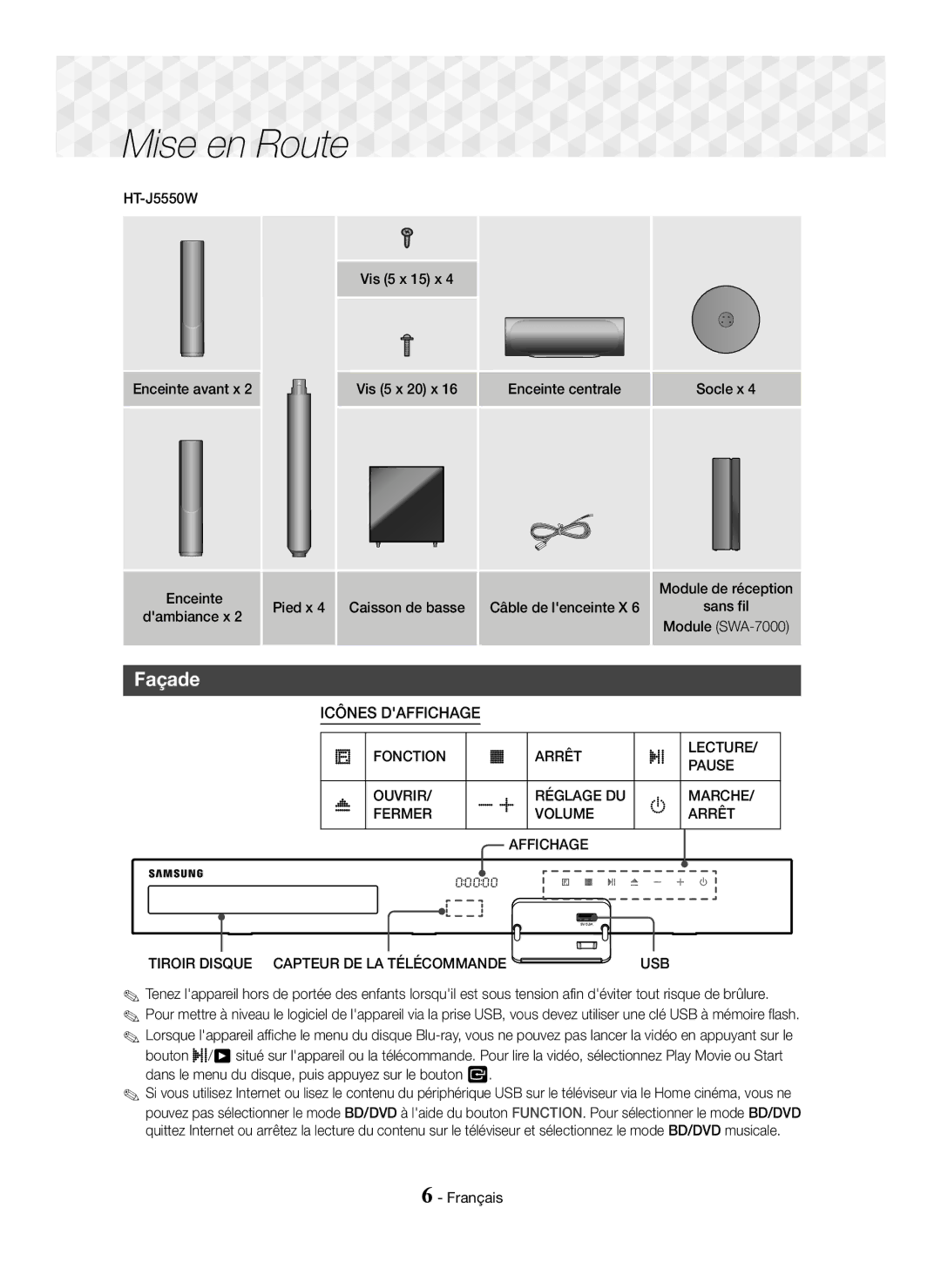 Samsung HT-J5550W/XE Façade, Pied x, Tiroir Disque Capteur DE LA Télécommande, Enceinte avant x, Enceinte centrale Socle x 