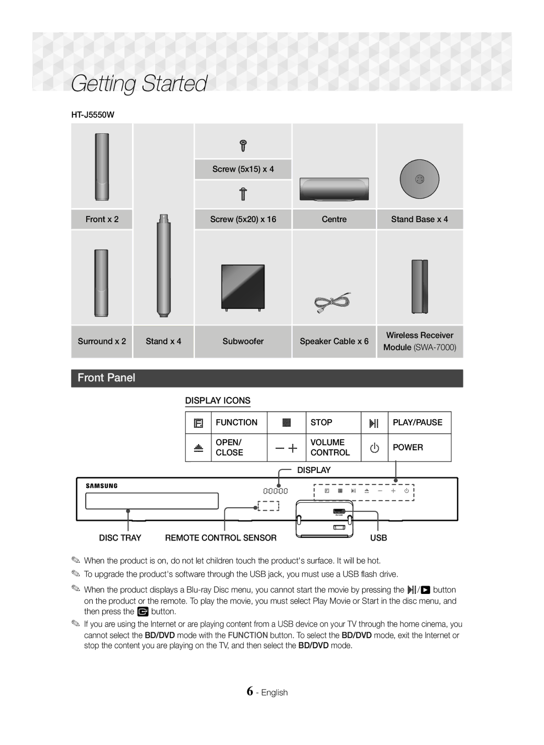 Samsung HT-J5500/EN, HT-J5550W/EN, HT-J5550W/ZF Getting Started, Front Panel, Stand x, Disc Tray Remote Control Sensor 