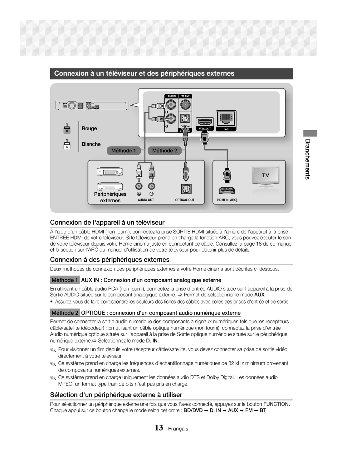 Samsung HT-J5500/XE manual Connexion à un téléviseur et des périphériques externes, Connexion de lappareil à un téléviseur 