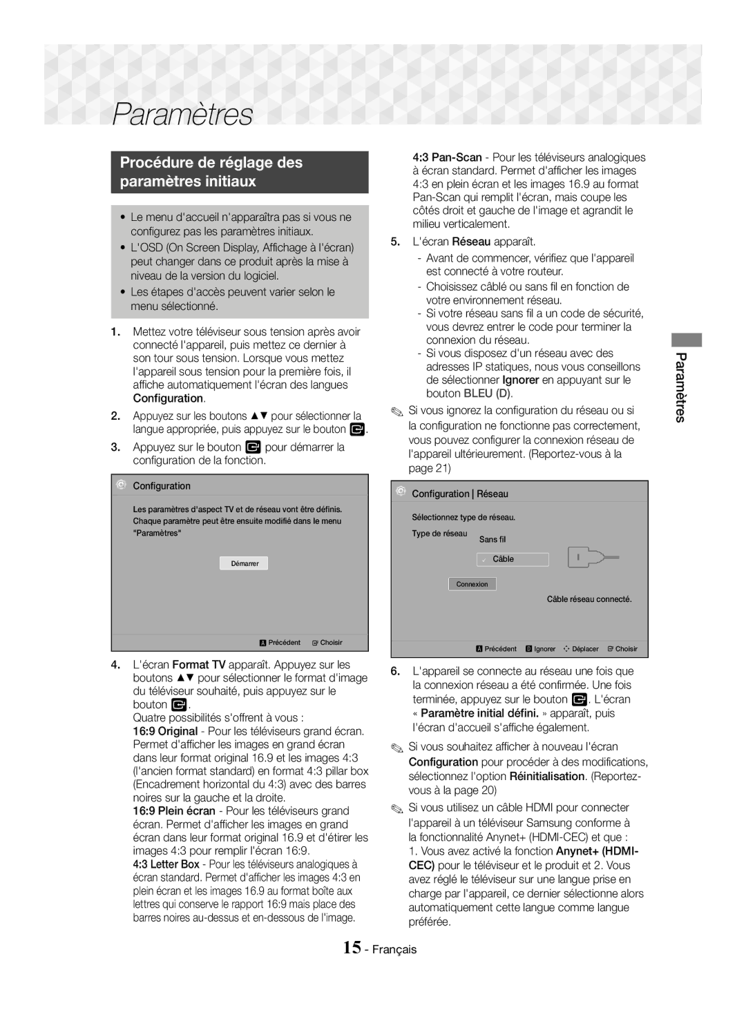 Samsung HT-J5550W/EN manual Procédure de réglage des Paramètres initiaux, Pan-Scan Pour les téléviseurs analogiques 