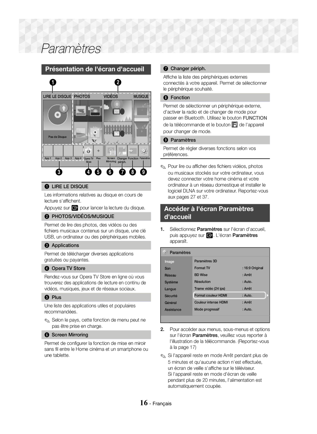 Samsung HT-J5550W/ZF manual Présentation de lécran daccueil, Accéder à lécran Paramètres Daccueil, Lire LE Disque, Musique 