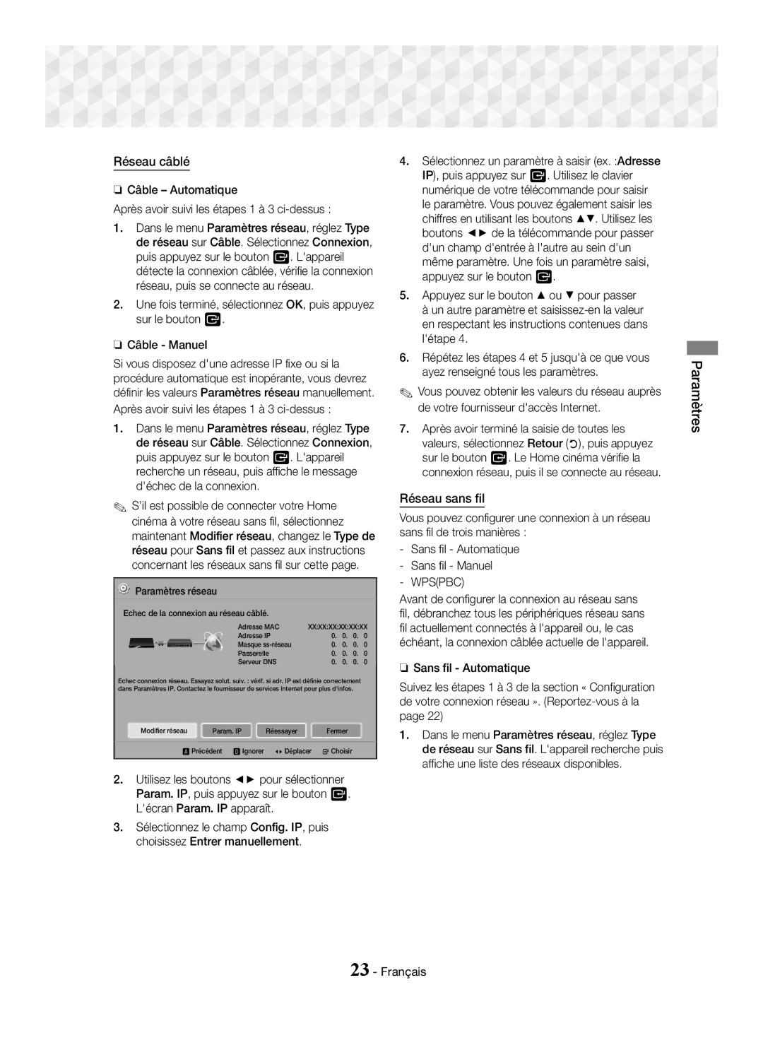 Samsung HT-J5500/ZF, HT-J5500/EN, HT-J5550W/EN, HT-J5550W/ZF, HT-J5550W/XE, HT-J5500/XE manual Réseau câblé, Réseau sans fil 