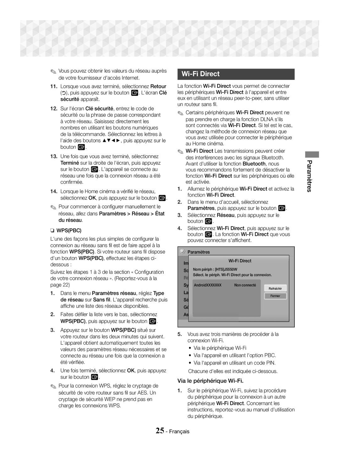 Samsung HT-J5500/XE, HT-J5500/EN, HT-J5550W/EN, HT-J5550W/ZF manual Via le périphérique Wi-Fi, Paramètres Wi-Fi Direct 