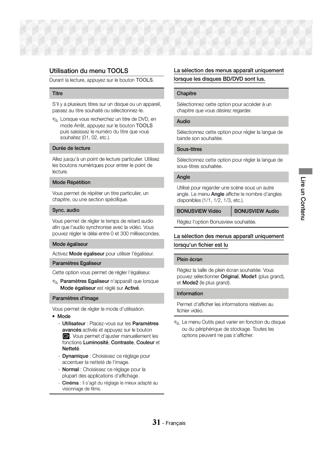 Samsung HT-J5500/XE, HT-J5500/EN Utilisation du menu Tools, Durant la lecture, appuyez sur le bouton Tools Titre, Chapitre 