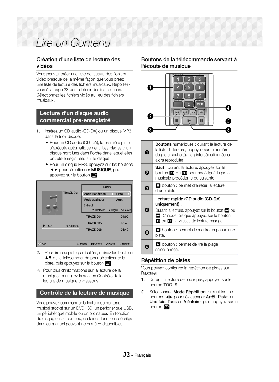 Samsung HT-J5500/EN manual Création d’une liste de lecture des vidéos, Lecture dun disque audio Commercial pré-enregistré 