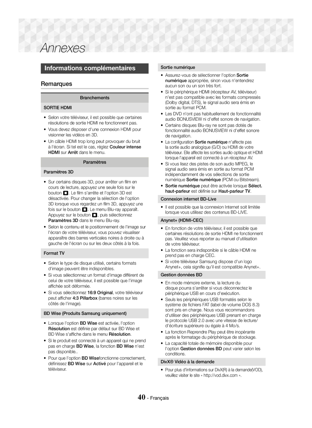 Samsung HT-J5550W/ZF, HT-J5500/EN, HT-J5550W/EN, HT-J5500/ZF manual Informations complémentaires, Remarques, Sortie Hdmi 