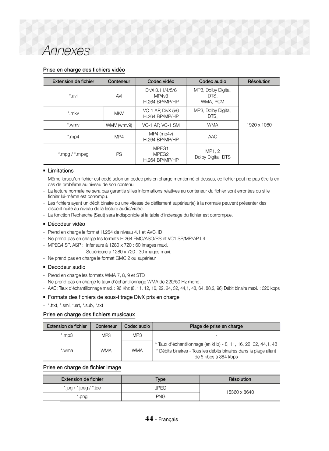 Samsung HT-J5500/EN, HT-J5550W/EN, HT-J5550W/ZF manual Prise en charge des fichiers vidéo,  Décodeur vidéo,  Décodeur audio 