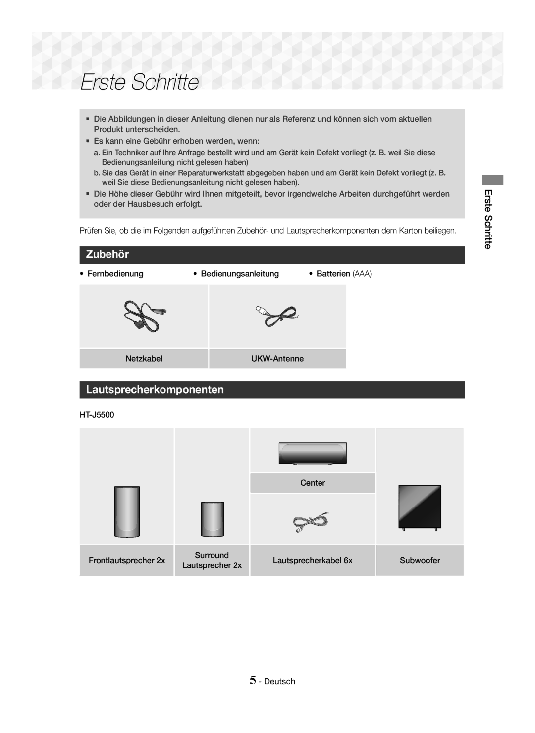 Samsung HT-J5550W/ZF, HT-J5500/EN, HT-J5550W/EN, HT-J5500/ZF, HT-J5550W/XE Erste Schritte, Zubehör, Lautsprecherkomponenten 