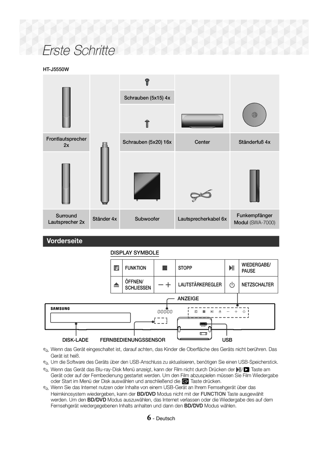 Samsung HT-J5500/ZF, HT-J5500/EN, HT-J5550W/EN Vorderseite, Funktion Stopp, Öffnen, Anzeige, DISK-LADE Fernbedienungssensor 