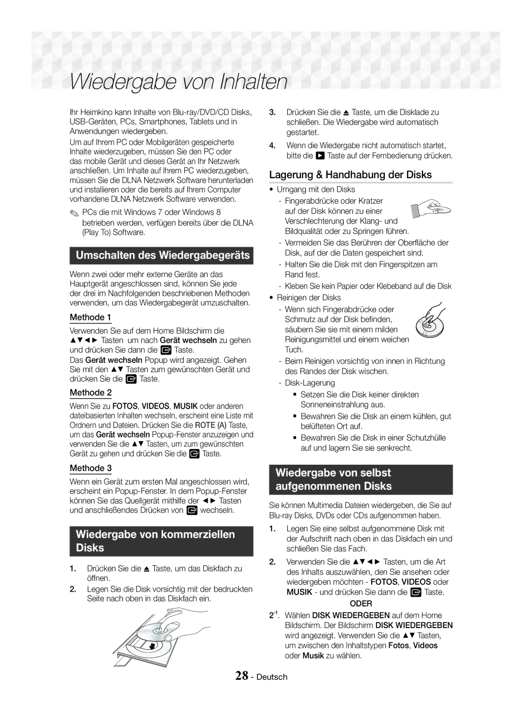 Samsung HT-J5550W/EN, HT-J5500/EN, HT-J5550W/ZF, HT-J5500/ZF, HT-J5550W/XE, HT-J5500/XE manual Wiedergabe von Inhalten 